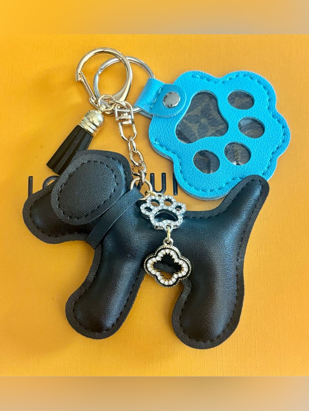 Authentic Louis Vuitton Bag Charm, Black Dog & Paw, Clover, Upcycled, 5.5 inches